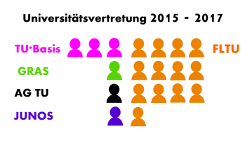 Die Mandatsverteilung für die UV an der TU Wien für 2015-2017. 13 Mandate (orange) FLTU, 3 Mandate (pink) TU*Basis, je 1 Mandat (grün, schwarz, lila) für GRAS, AG und JUNOS.