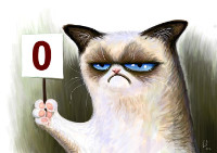 Eine Zeichnung von Grumpy Cat, die ein Schild mit einer "0" hoch hält.